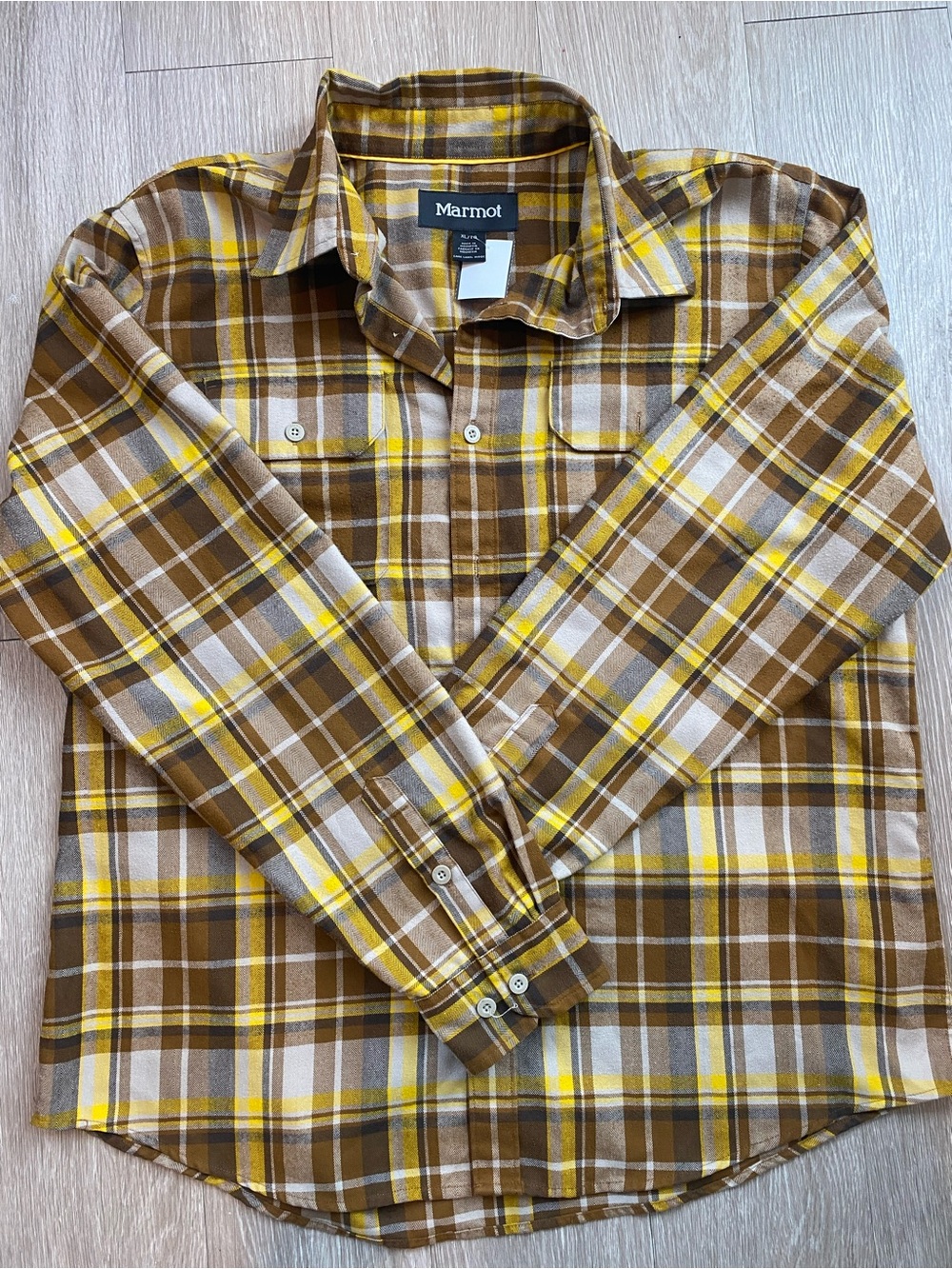 Marmot Men's Brown Yellow Flannel Long Sleeve Button Up Shirt Size XL